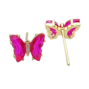 hotpink Crystal Glass Butterfly Stud Earrings, gold plated, approx 8-10mm