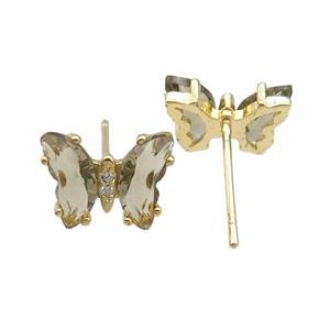smoky Crystal Glass Butterfly Stud Earrings, gold plated, approx 8-10mm