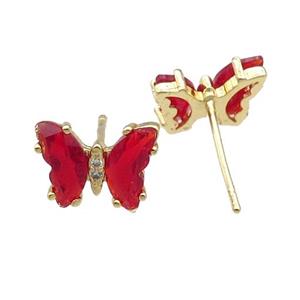 red Crystal Glass Butterfly Stud Earrings, gold plated, approx 8-10mm