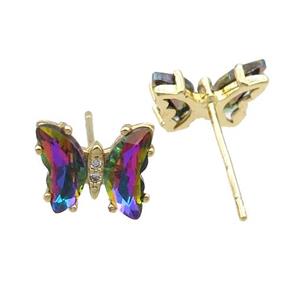 rainbow Crystal Glass Butterfly Stud Earrings, gold plated, approx 8-10mm