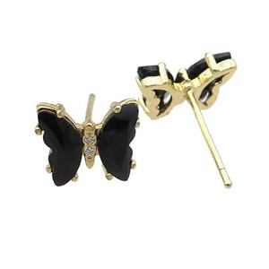 black Crystal Glass Butterfly Stud Earrings, gold plated, approx 8-10mm