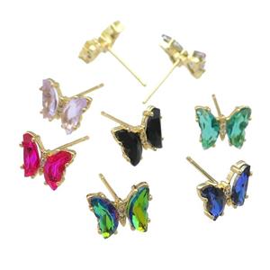 Crystal Glass Butterfly Stud Earrings paved zircon, gold plated, mixed, approx 8-10mm