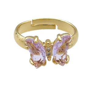 lavender Crystal Glass Butterfly Rings, gold plated, approx 8-10mm, 14mm