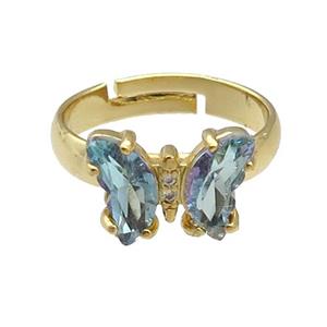 lt.blue Crystal Glass Butterfly Rings, gold plated, approx 8-10mm, 14mm