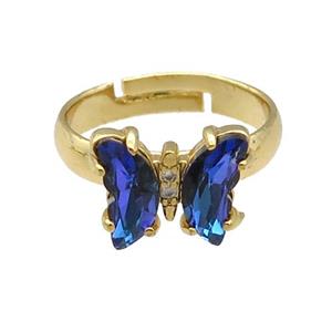 blue Crystal Glass Butterfly Rings, gold plated, approx 8-10mm, 14mm