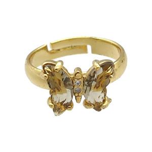 smoky Crystal Glass Butterfly Rings, gold plated, approx 8-10mm, 14mm