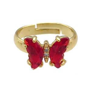 red Crystal Glass Butterfly Rings, gold plated, approx 8-10mm, 14mm