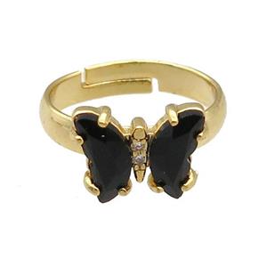 black Crystal Glass Butterfly Rings, gold plated, approx 8-10mm, 14mm