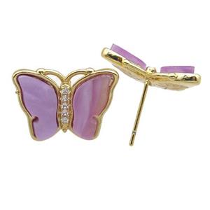 lavender Resin Butterfly Stud Earrings, gold plated, approx 13-18mm