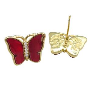 red Resin Butterfly Stud Earrings, gold plated, approx 13-18mm