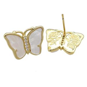 white pearlized Resin Butterfly Stud Earrings, gold plated, approx 13-18mm