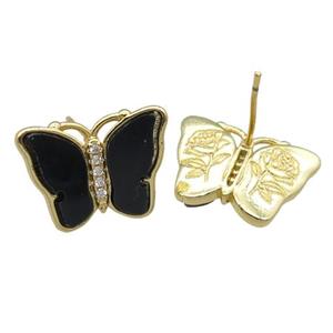 black Resin Butterfly Stud Earrings, gold plated, approx 13-18mm