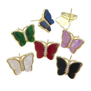 Resin Butterfly Stud Earrings pave zircon, gold plated, mixed, approx 13-18mm