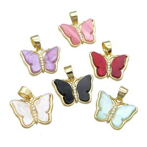 Resin Butterfly Pendant pave zircon, gold plated, mixed, approx 13-18mm