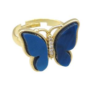 blue Resin Butterfly Rings, adjustable, gold plated, approx 15-20mm, 18mm dia