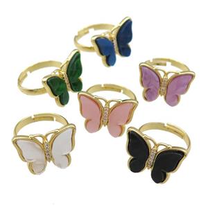 Resin Butterfly Rings pave zircon, adjustable, gold plated, mixed, approx 15-20mm, 18mm dia