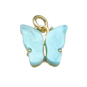 teal Resin Butterfly Pendant, gold plated, approx 8-11mm
