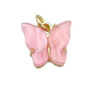 pink Resin Butterfly Pendant, gold plated, approx 8-11mm