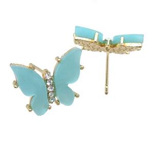 teal Resin Butterfly Stud Earrings, gold plated, approx 11-15mm
