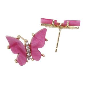 hotpink Resin Butterfly Stud Earrings, gold plated, approx 11-15mm