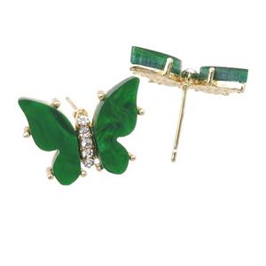 green Resin Butterfly Stud Earrings, gold plated, approx 11-15mm