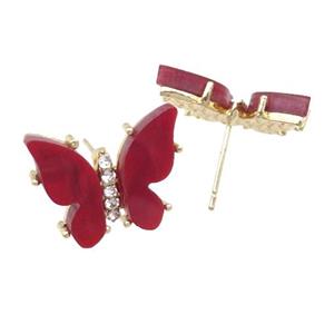 red Resin Butterfly Stud Earrings, gold plated, approx 11-15mm