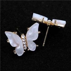 white pearlized Resin Butterfly Stud Earrings, gold plated, approx 11-15mm