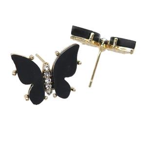 black Resin Butterfly Stud Earrings, gold plated, approx 11-15mm