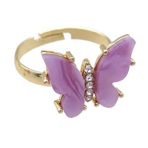 lavender Resin Butterfly Rings, adjustable, gold plated, approx 14-18mm