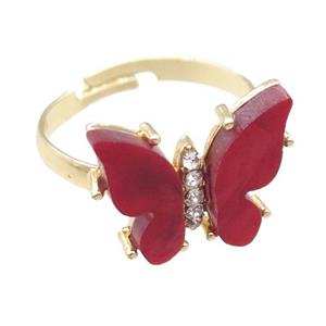 red Resin Butterfly Rings, adjustable, gold plated, approx 14-18mm
