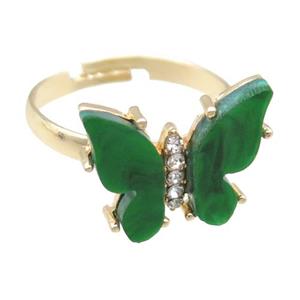 green Resin Butterfly Rings, adjustable, gold plated, approx 14-18mm