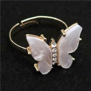 white pearlized Resin Butterfly Rings, adjustable, gold plated, approx 14-18mm