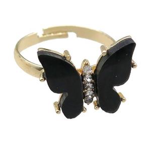 black Resin Butterfly Rings, adjustable, gold plated, approx 14-18mm