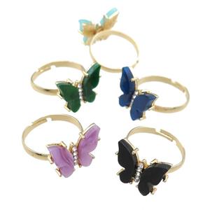 Resin Butterfly Rings, adjustable, gold plated, mixed color, approx 14-18mm