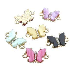 Resin Butterfly Connector pave zircon, gold plated, mixed color, approx 11-15mm
