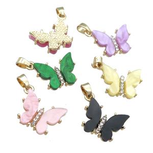 Resin Butterfly Pendant paved zircon, gold plated, mixed, approx 15-18mm