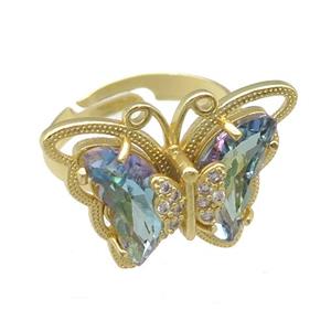 lt.blue Crystal Glass Butterfly Rings, adjustable, gold plated, approx 20-23mm, 18mm dia