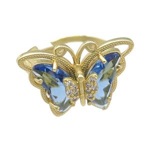 blue Crystal Glass Butterfly Rings, adjustable, gold plated, approx 20-23mm, 18mm dia