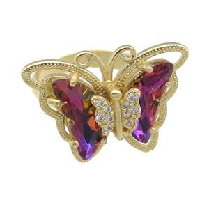 mauve Crystal Glass Butterfly Rings, adjustable, gold plated, approx 20-23mm, 18mm dia