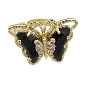 black Crystal Glass Butterfly Rings, adjustable, gold plated, approx 20-23mm, 18mm dia