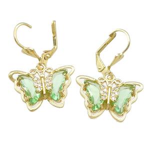 lt.green Crystal Glass Butterfly Latchback Earring, gold plated, approx 15-22mm