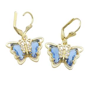 blue Crystal Glass Butterfly Latchback Earring, gold plated, approx 15-22mm