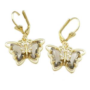 smoky Crystal Glass Butterfly Latchback Earring, gold plated, approx 15-22mm