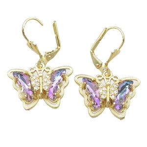 purple Crystal Glass Butterfly Latchback Earring, gold plated, approx 15-22mm
