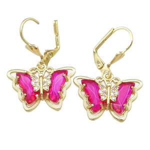 hotpink Crystal Glass Butterfly Latchback Earring, gold plated, approx 15-22mm