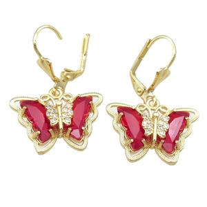 red Crystal Glass Butterfly Latchback Earring, gold plated, approx 15-22mm