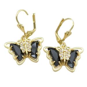 black Crystal Glass Butterfly Latchback Earring, gold plated, approx 15-22mm