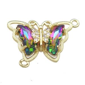 rainbow Crystal Glass Butterfly Connector, gold plated, approx 15-22mm