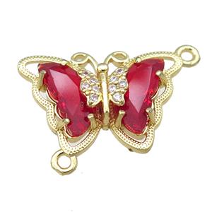 red Crystal Glass Butterfly Connector, gold plated, approx 15-22mm