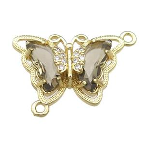 smoky Crystal Glass Butterfly Connector, gold plated, approx 15-22mm